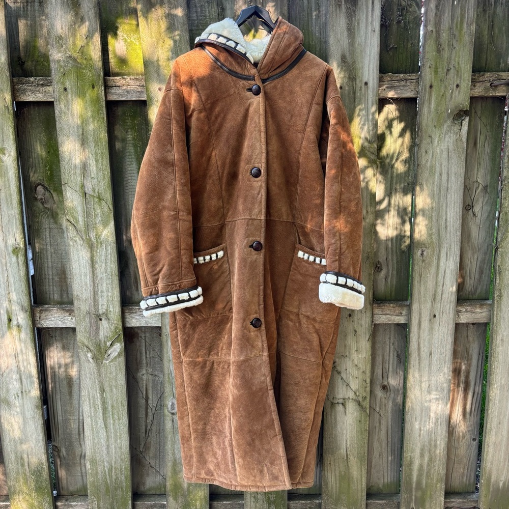 Classic Brown Shearling Leather Coat with Hood
